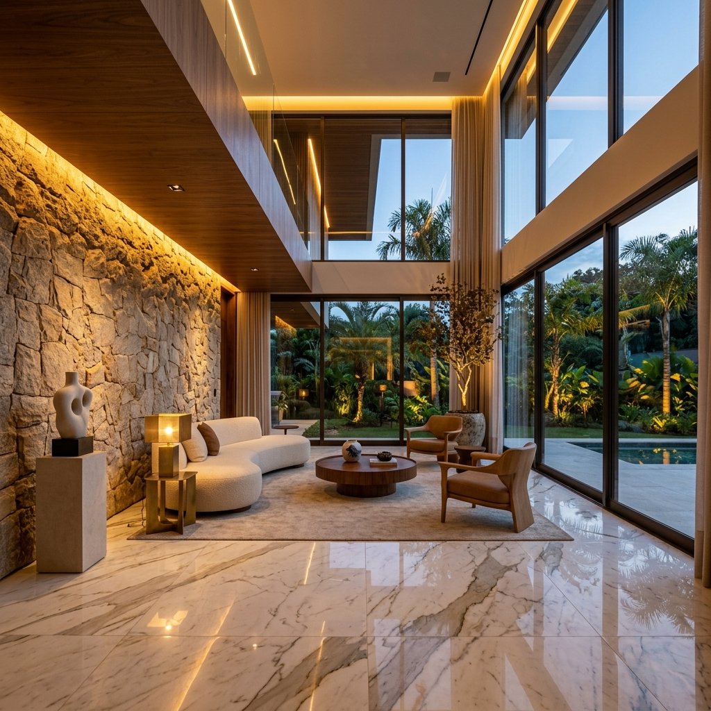 Interior de luxo com marmore calacata, iluminacao ambiente e mobiliario de alto padrao